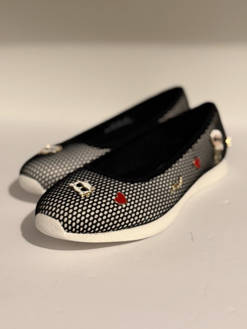 Karl Lagerfeld Black Mesh Ballet Flats with Red Heart Charms